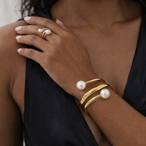 Gold Tone Pearl Cuff Bracelet & Ring Set – Minimalist Open Wrap Jewelry
